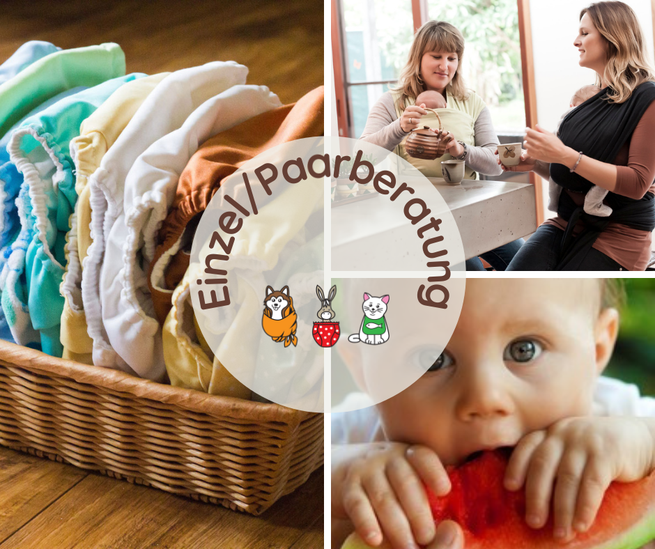 Stoffwindeln in einem Korb, Baby isst Wassermelone, 2 Frauen tragen ihre Babys.